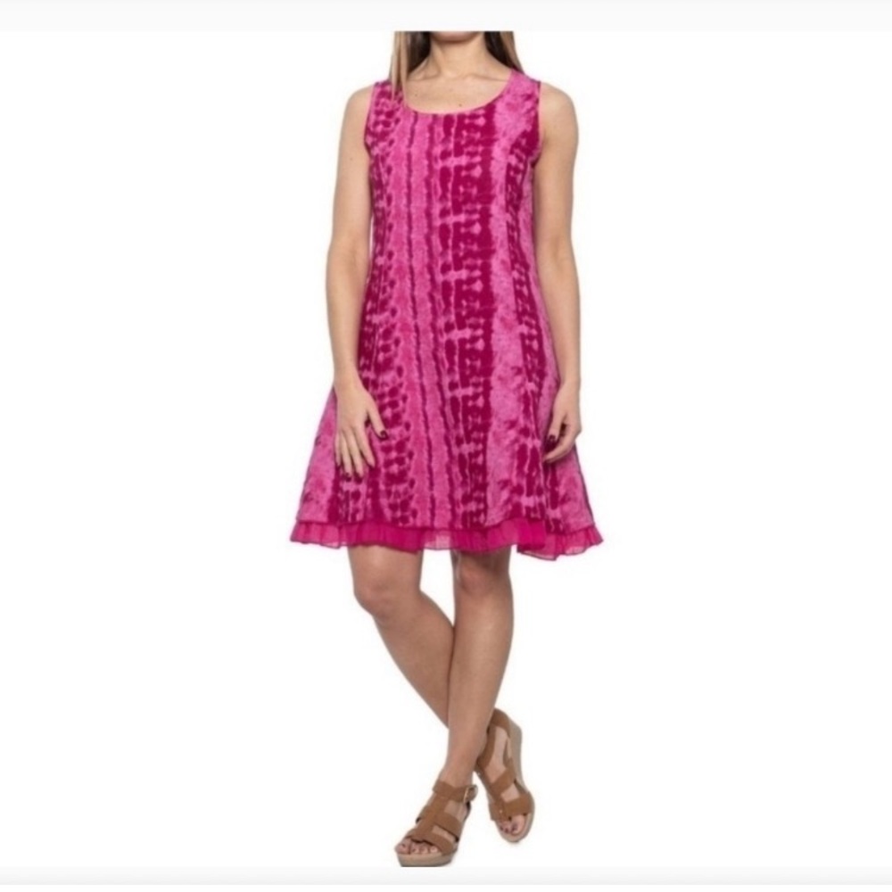 Women's 100% Linen Fuchsia Mineral Wash Sleeveless Summer Dress MD Resortwear